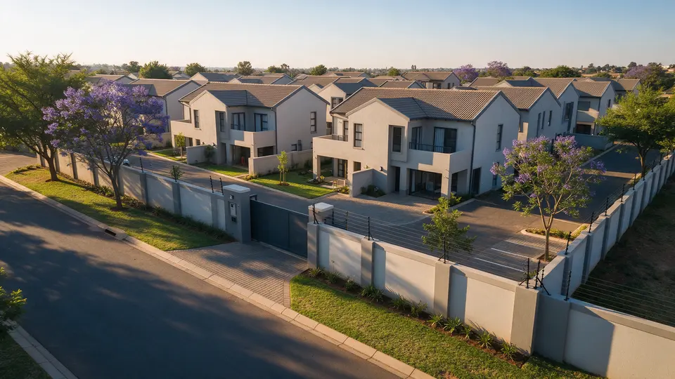 Aerial view of a sectional title townhouse complex with an electric fence on the boundary wall and a sliding gate