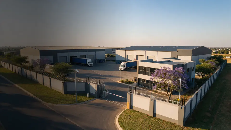 Aerial view of a light industrial business park with warehouses, a boom gate, CCTV pole and palisade fencing