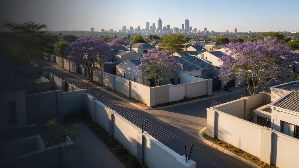Aerial view of walled townhouse complexes among jacaranda trees in Johannesburg with the Sandton skyline