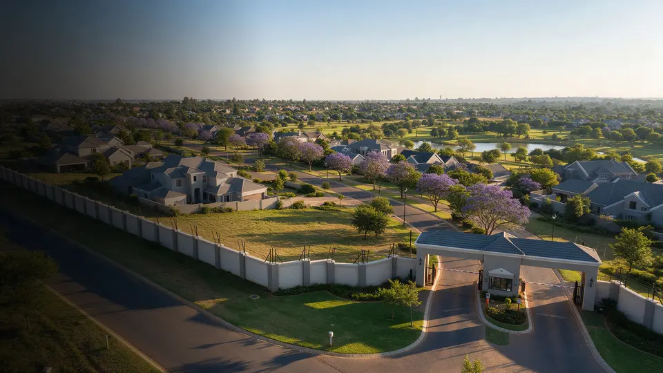 Aerial view of a Johannesburg residential estate with a long perimeter wall, electric fence and entrance gatehouse with booms