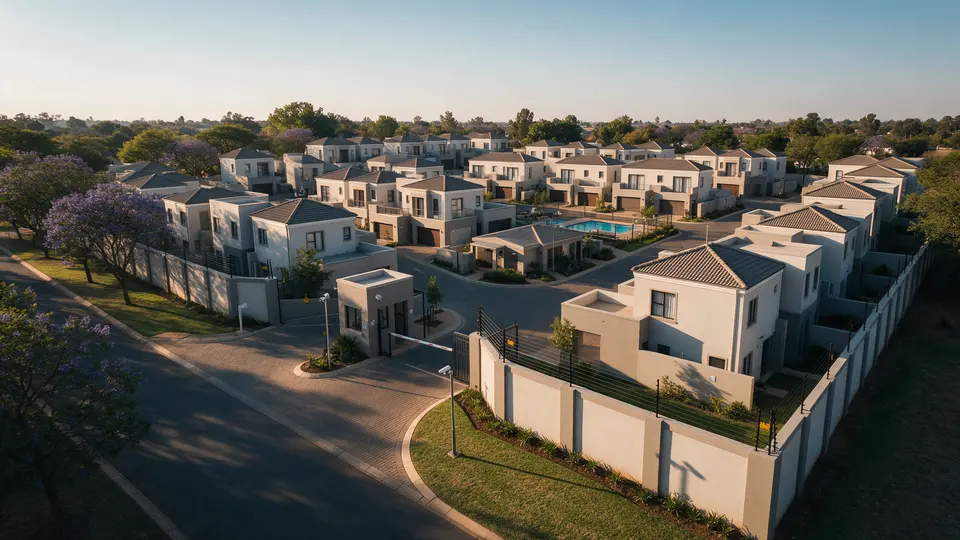 Aerial view of a gated townhouse complex in Johannesburg with a guardhouse, boom, sliding gate and electric fence