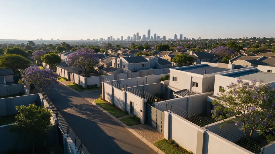 Aerial view of several walled townhouse complexes side by side in a Johannesburg suburb with the Sandton skyline behind