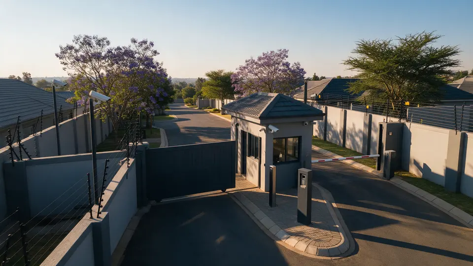 Aerial view of a complex entrance with a guardhouse, boom, sliding gate, keypad pillar, CCTV cameras and electric fence